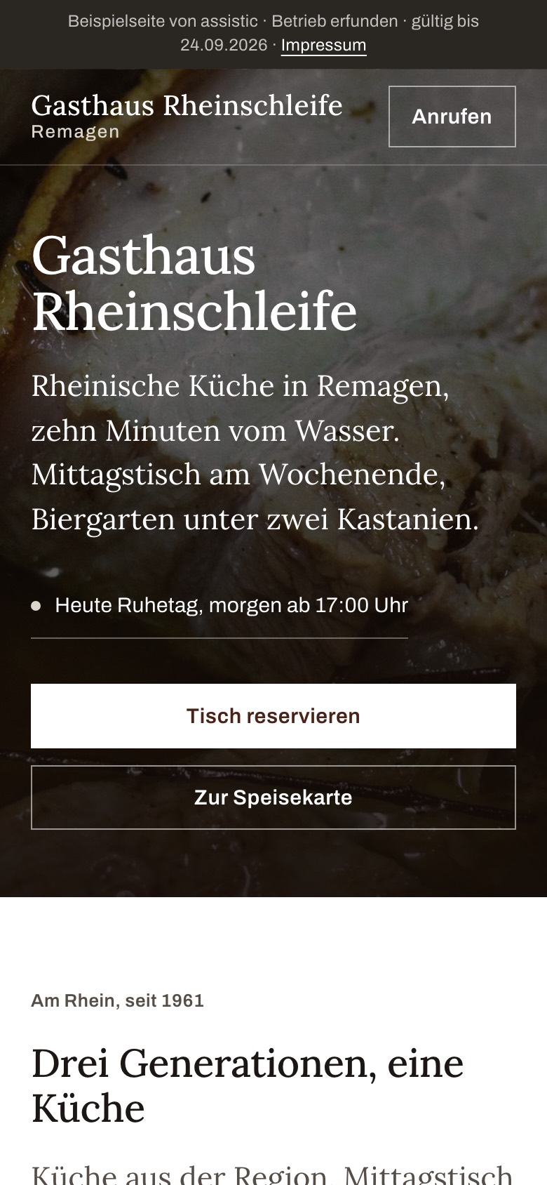 Beispielseite für ein Gasthaus: der Kopf ist ganz eine Aufnahme, darauf der Name des Hauses, darunter Reservieren und Speisekarte.